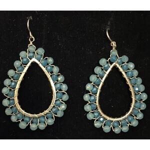 Aqua Blue Wire Beaded Boho Teardrop Dangle Pierced Wire Earrings